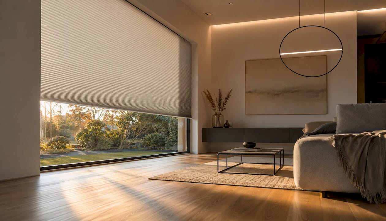 Im stilvoll eingerichteten Wohnzimmer sorgt ein elektrisch betriebenes Plissee am Fenster für modernen Komfort.