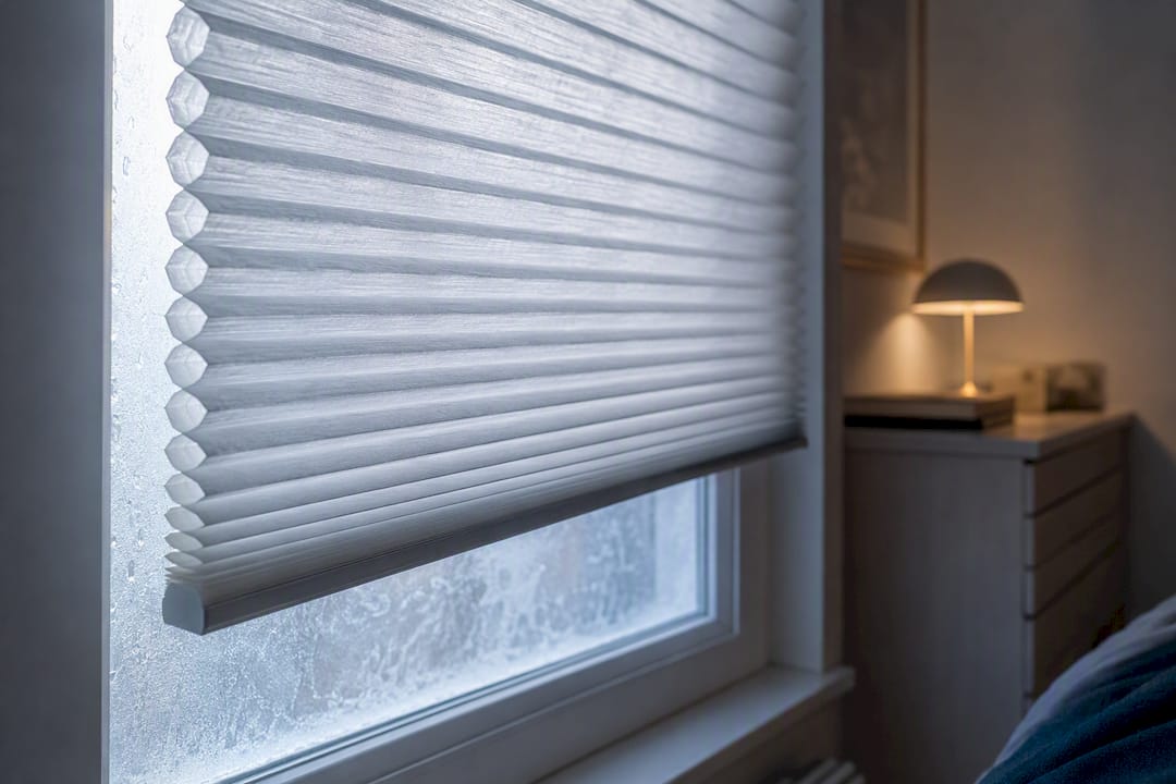 Ein Wabenplissee schützt das Fenster, an dem sich morgens die Kälte und Tau niederschlagen.
