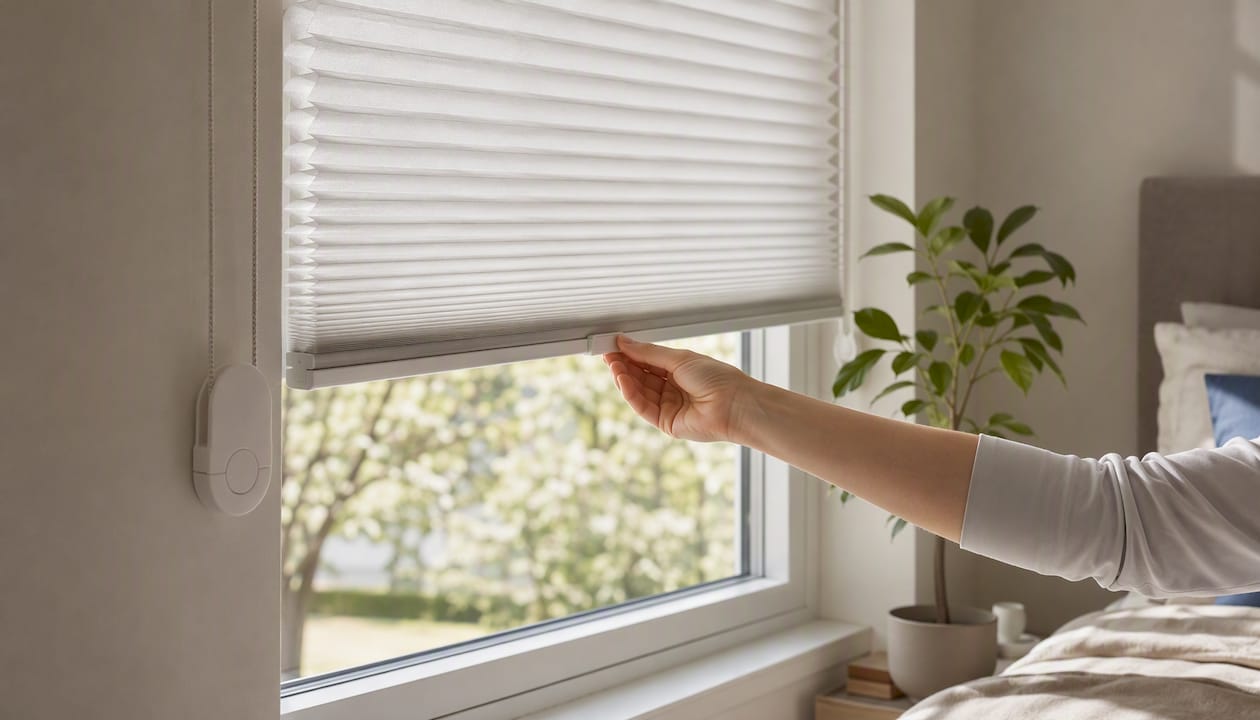 Mit der Hand wird das kindersichere Plissee am Fenster ganz einfach bedient.