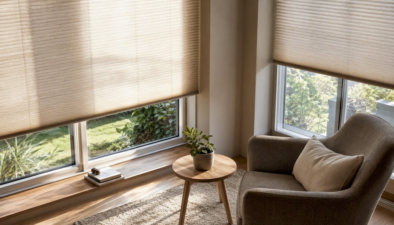 Beige Plissees lassen im Wohnzimmer sanftes Tageslicht herein und sorgen für eine angenehme Atmosphäre.