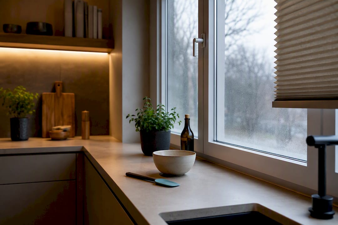 Moderne Küche mit Plissee und sanftem Tageslicht