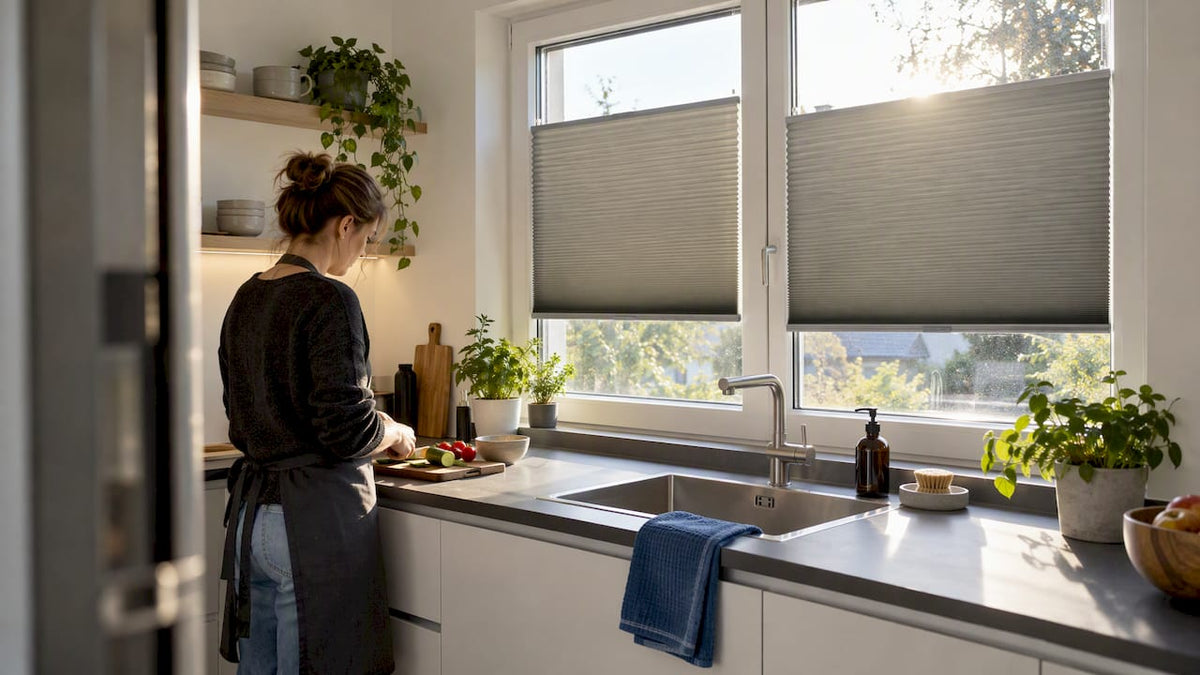 DUETTE Wabenplissee am Küchenfenster zum Schutz vor Blendung