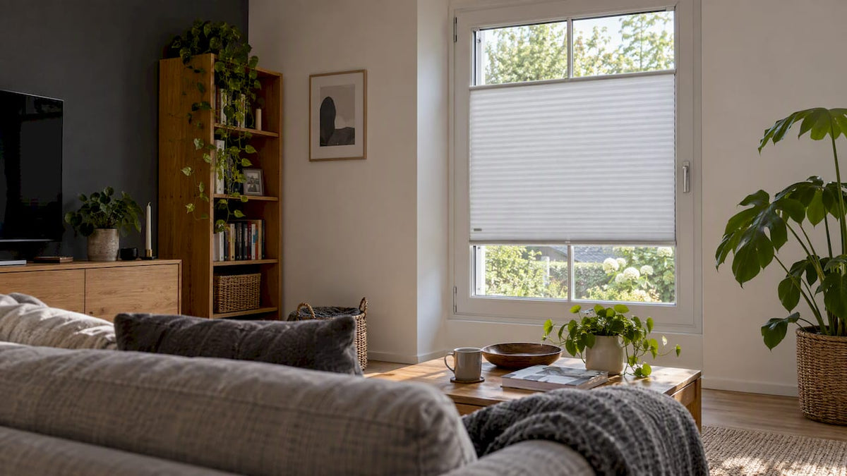 Maßgeschneiderte Wabenplissees filtern das Tageslicht im Wohnzimmer